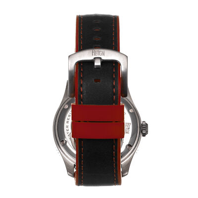 Pre-owned Reign Elijah Automatic Rubber Inlaid Leather-band Watch W/date - Black/red