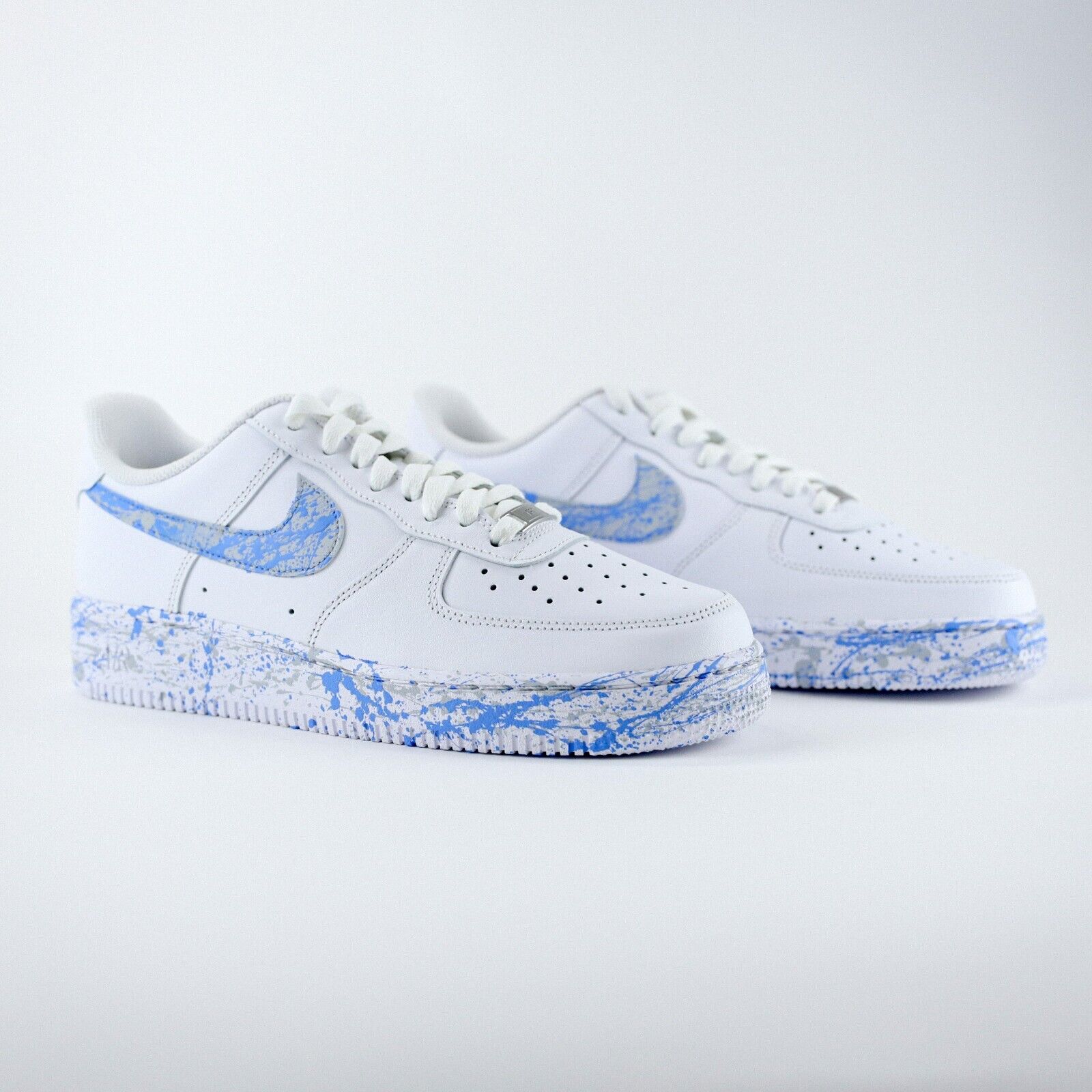 Pre-owned Nike Air Force 1 Custom Gray Swoosh Light Blue Splatter ? White Shoes Men Women Kids