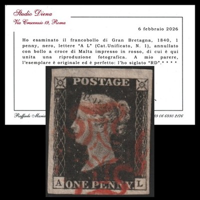 1840 Gran Bretagna Penny Black n. 1 Certificato Diena Great Britain Lettere A L