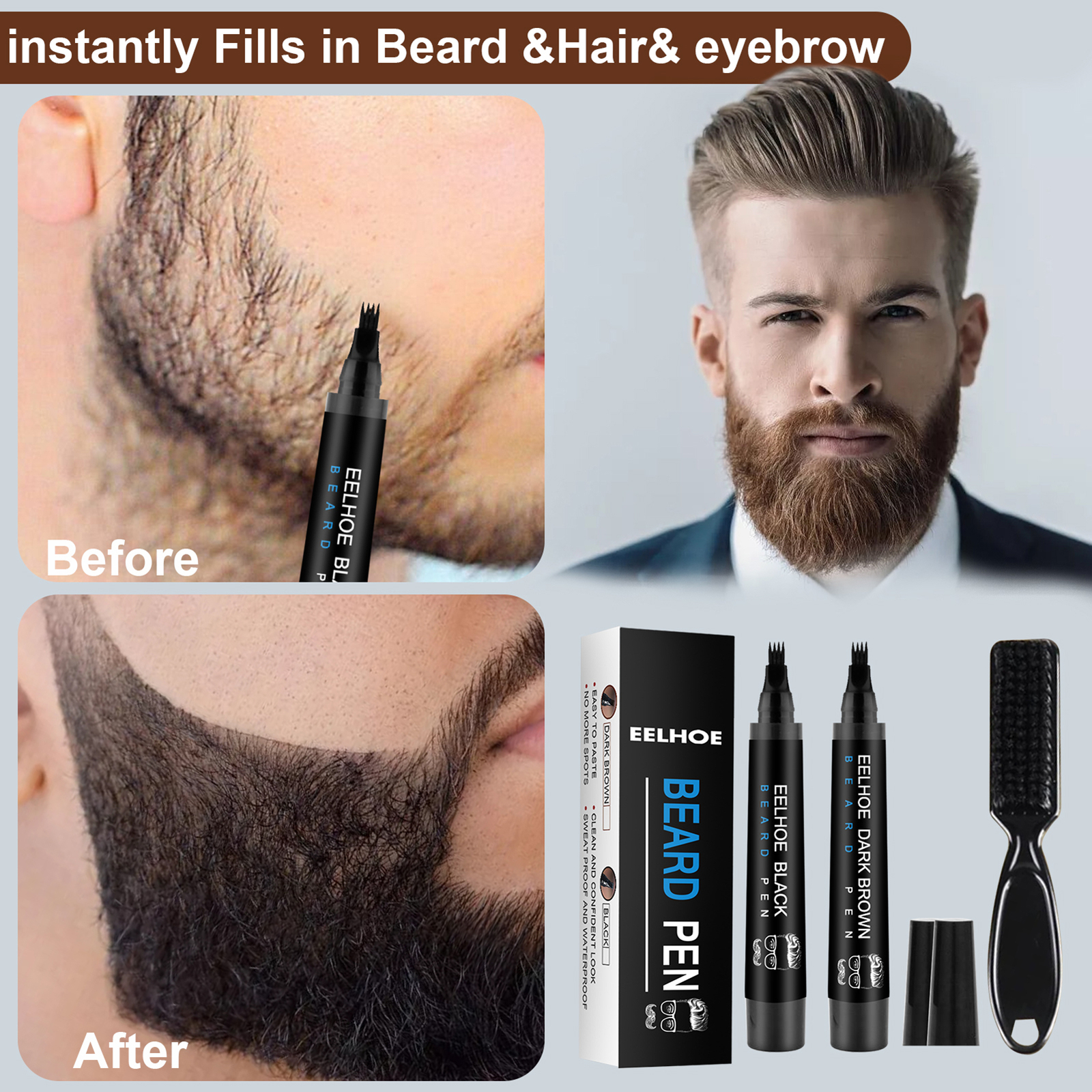 2 × Men Beard Filling Pen Hair Grower Filler Moustache Eyebrow Brush Tool Kit US