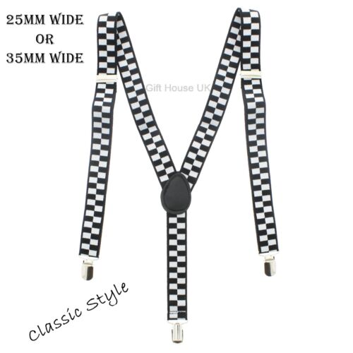 Men/ladies Adjustable Black & White Check 25mm Width Braces Trousers Clip On  Z