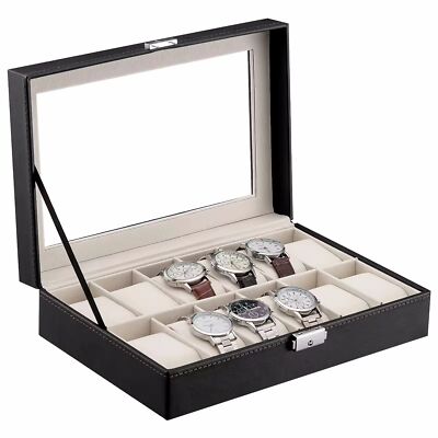 12 Grids Jewelry Case Storage Watch Box Leather Display Organizer Glass Top Gift