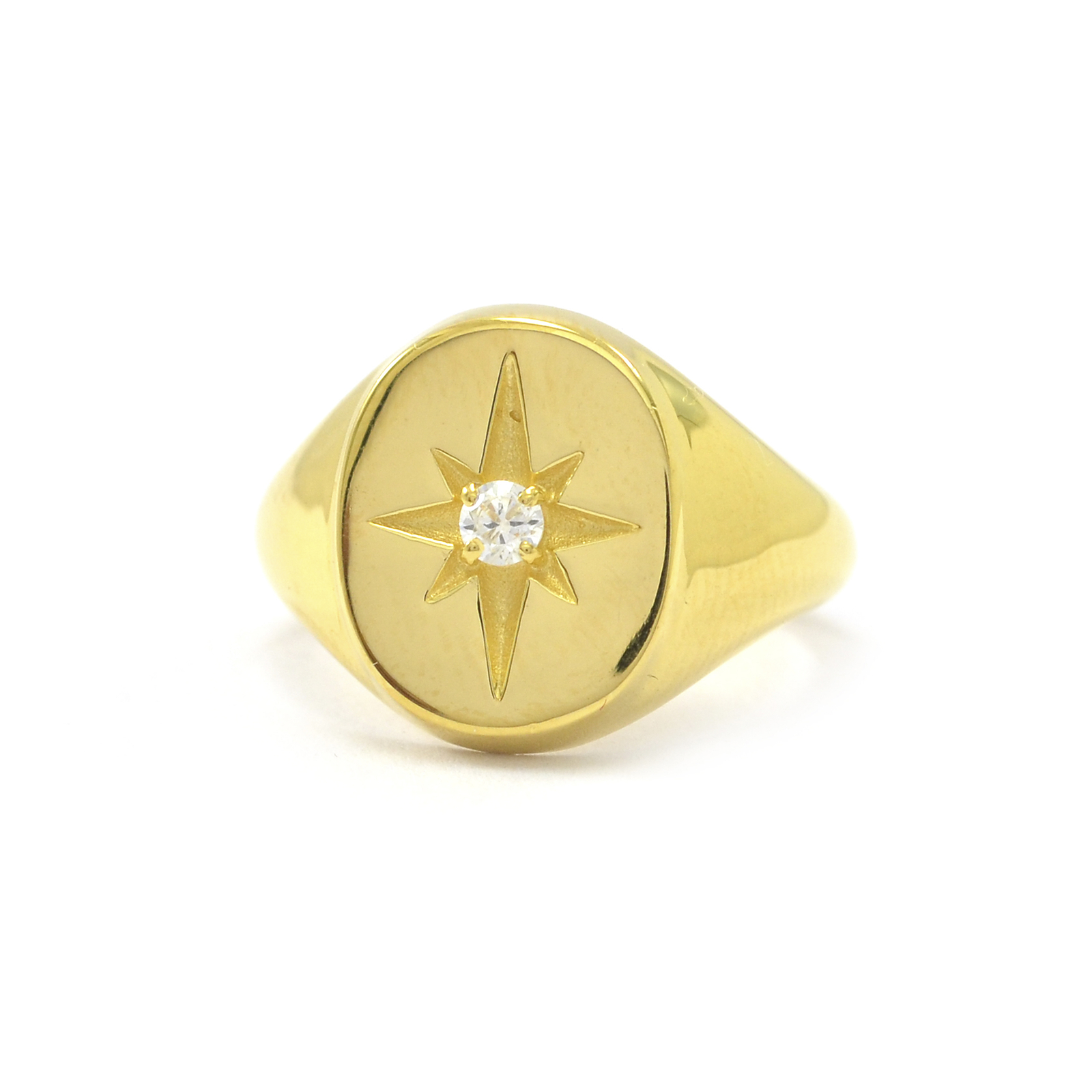 14K Gold 0.04 CT VS/F-G Diamond Engraved Starburst Signet Ring - The Jewelz