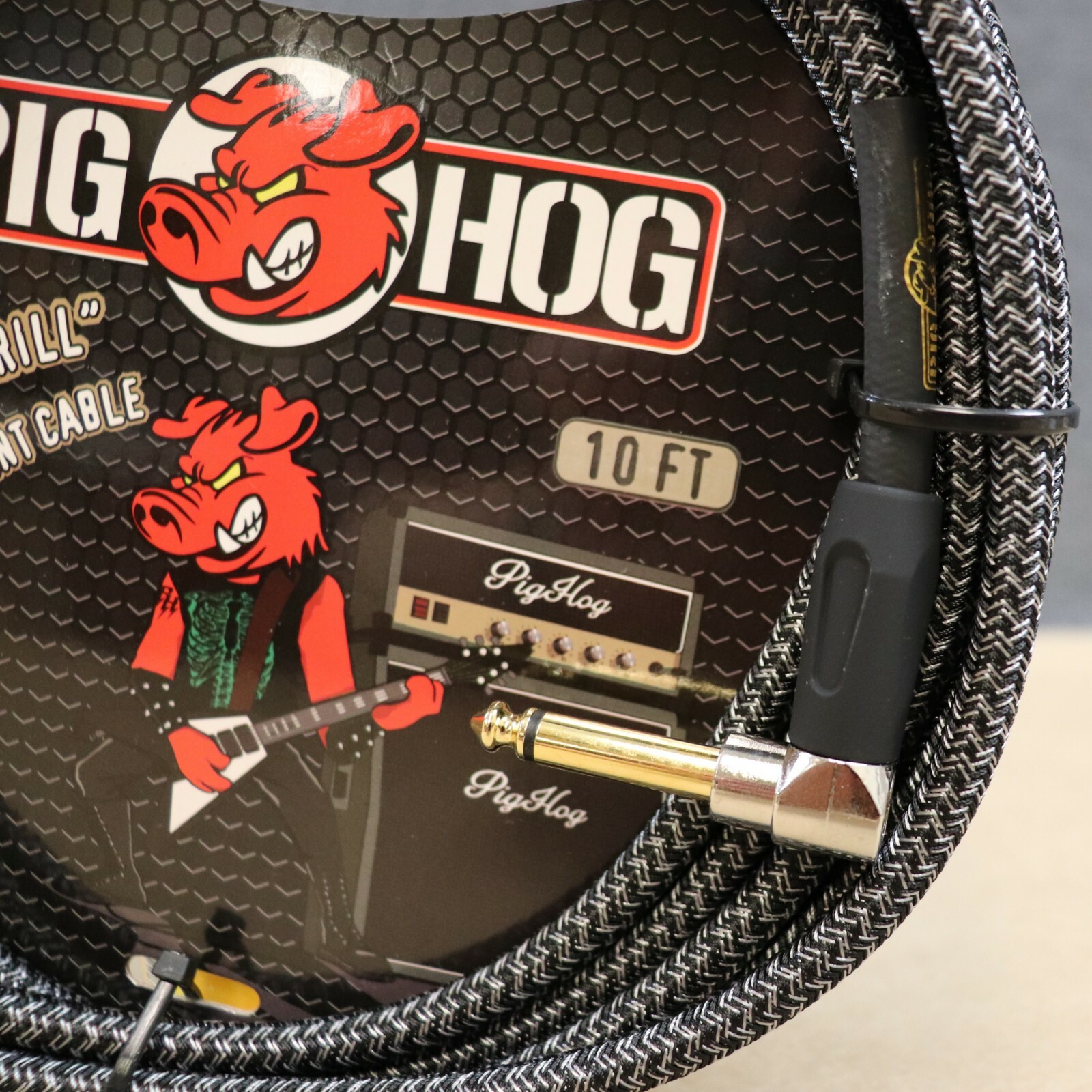 Pig Hog 10 Right Angle Vintage Woven Instrument Guitar Cable 10ft Amp Grill GRAY
