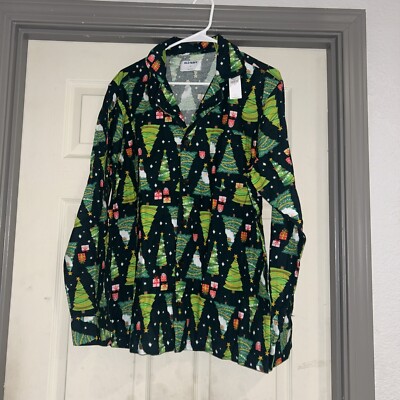 OLD NAVY Christmas Pajama PJ Top Size M Xmas Trees Green 100% Cotton Button Up