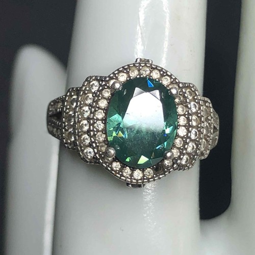 7141 Sterling Signed RAVOY 925 Green tourmaline & CZ art deco Ring
