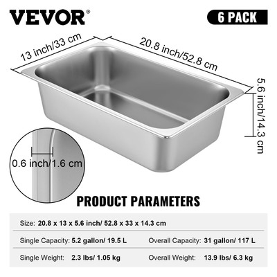 VEVOR 6 Pack 6" Deep Stainless Steel Steam Table Pans Hotel Food Prep Pan