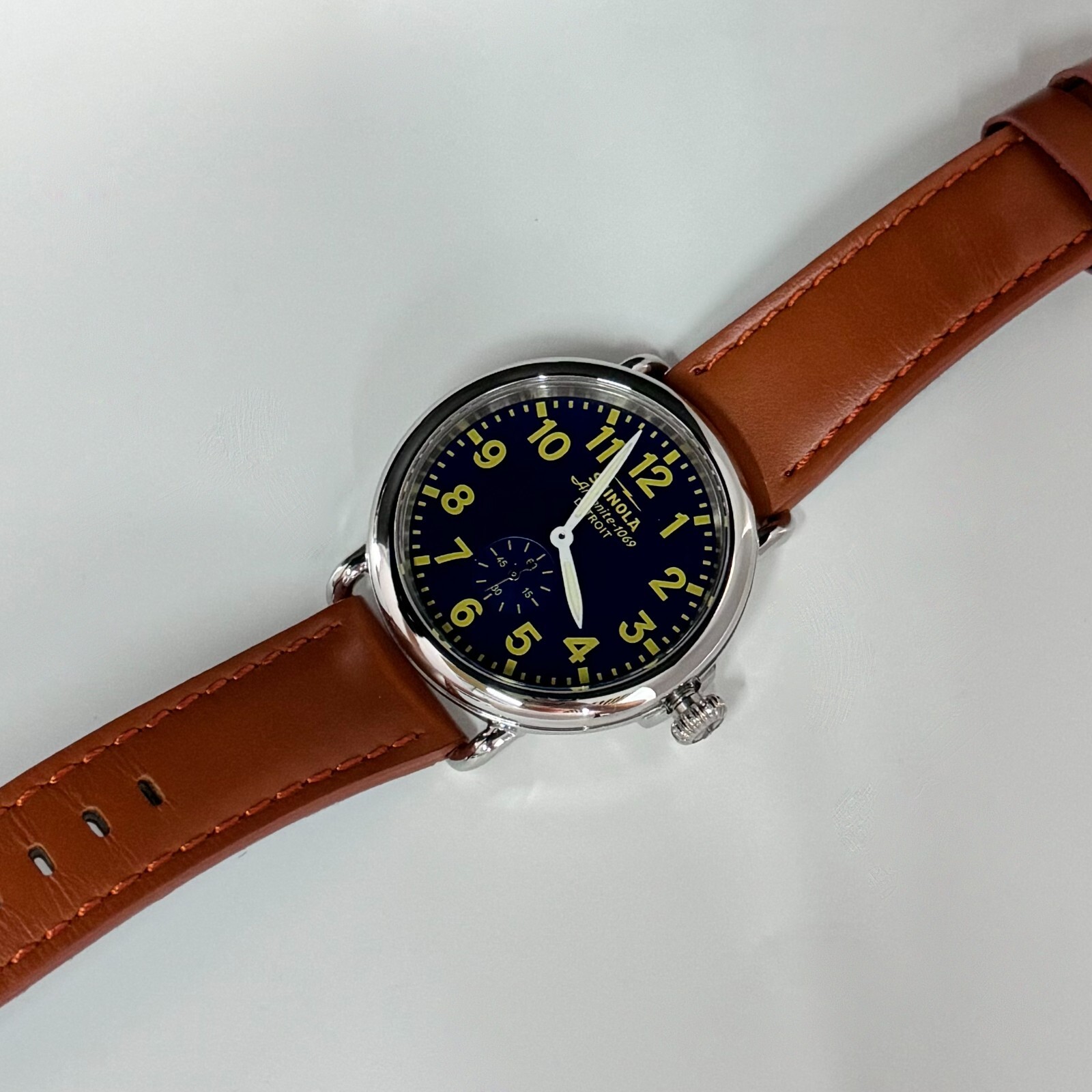 Pre-owned Shinola The Runwell- Collegiate Blue Dial Brown-leather Strap Men's Watch 41mm