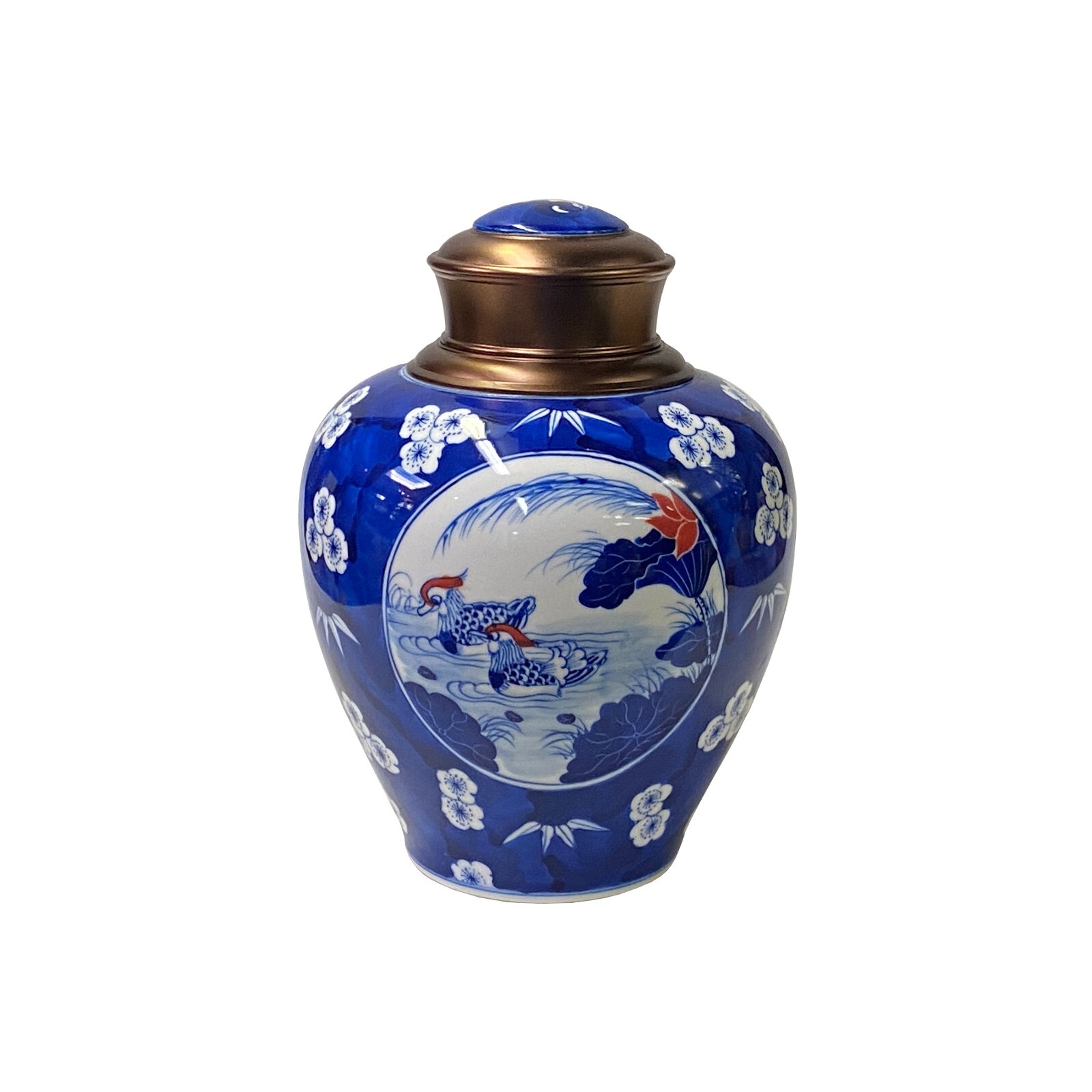 Oriental Blue White Flower Birds Porcelain Metal Lid Container Urn ws3182S Oriental Blue White Flower Birds Porcelain Metal Lid Container Urn ws3182S
