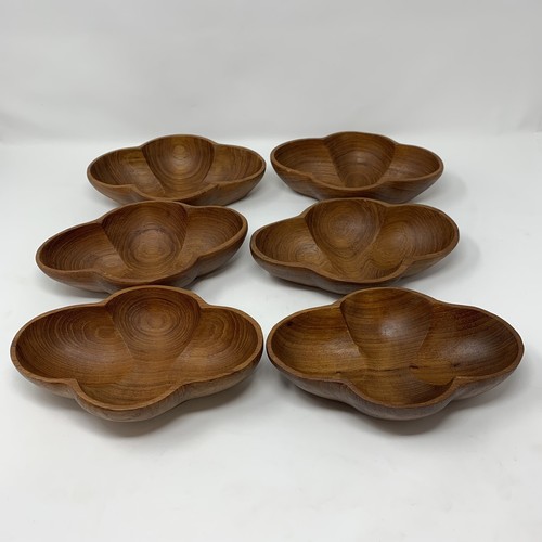 Vintage Wood Carved Turned Snack Salad Bowls Set Of 6 Wooden Oiled Scallop Edge