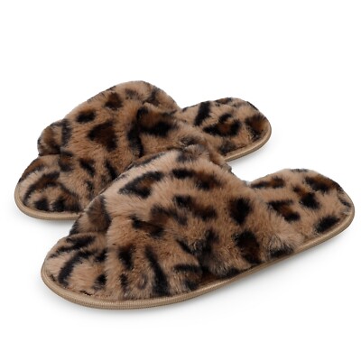 Womens Cross Band Memory Foam Fluffy Furry House Slippers Open Toe House Shoes