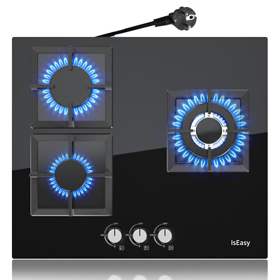 IsEasy Cuisinière à Gaz 60 cm Autonome Noir Verre 3 flammes  Plaques de cuisson