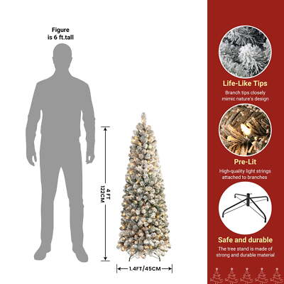 Prelit Snow Flocked Artificial Hinged Slim Pencil Christmas Tree w/ White Lights