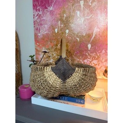 Handmade  Woven Seagrass Basket Women OS Tan Brown Boho Diamond Weave Handle