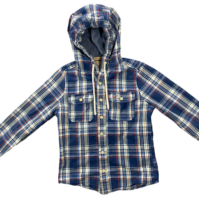 Hollister Surfer Cut Mens Small Blue Plaid Button Down Long Sleeve Shirt Hoodie
