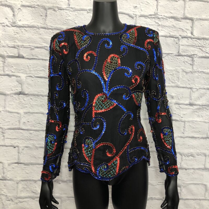 Vintage Silk Long Sleeve Sequin Top Blouse Stenay NWT Deadstock Lined M India