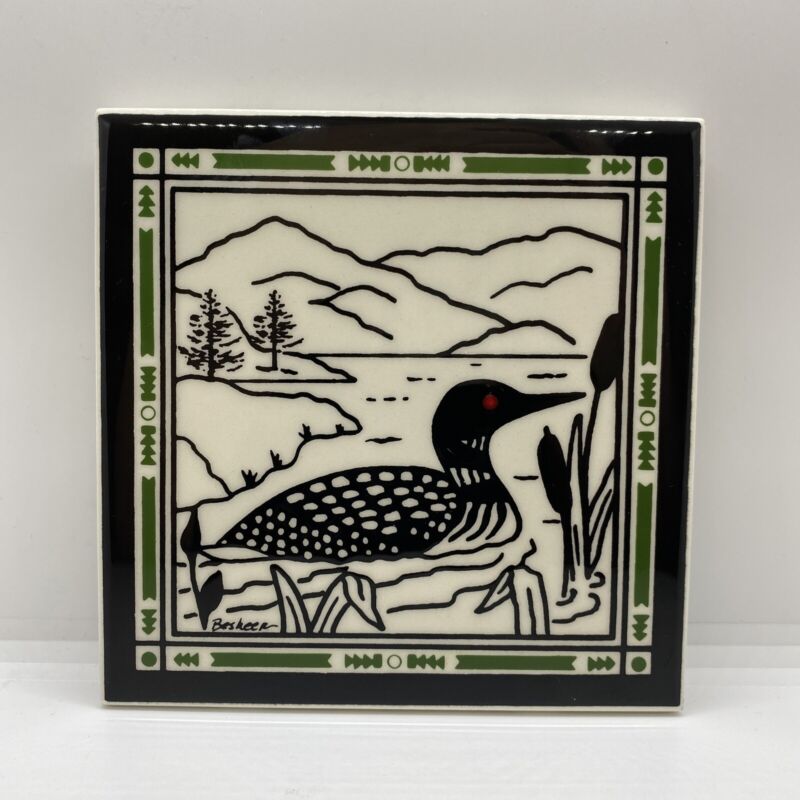 Besheer Art Tile: Loon On Lake With Cattails And Mountain Background (6”x6”)