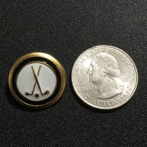 Vintage Brass & White Enamel Metal Button 2 Golf Clubs & Golf Ball
