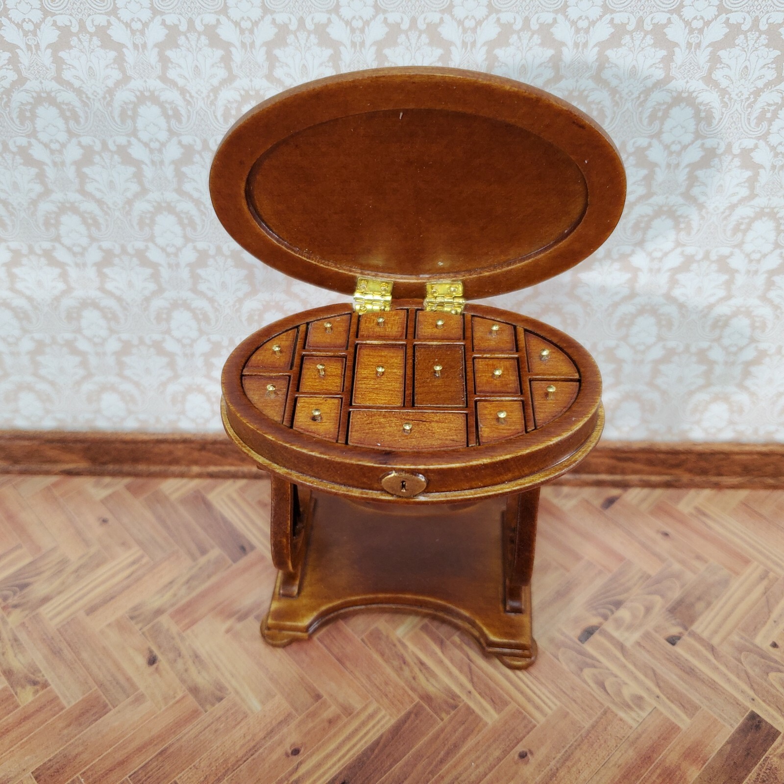 JBM Miniature Sewing Table Oval 1:12 Scale Miniature Furniture Walnut Finish