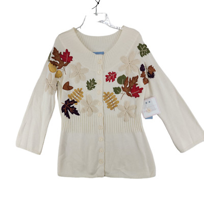 Classic Elements Womens Ivory Autumn Embroidered Button Up Sweater Size M NWT