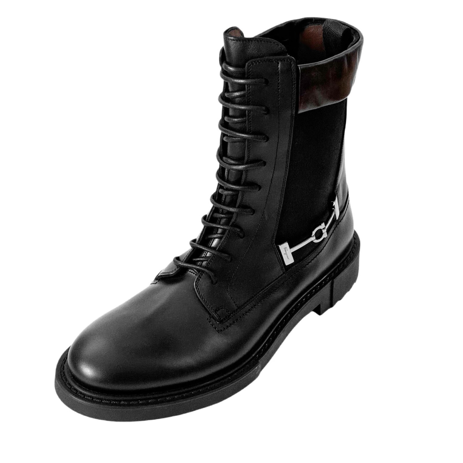 Pre-owned Ferragamo Men's Iglesias 13 Ee Black Leather Combat Gancini Boots Dress Casual