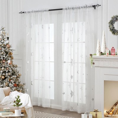 Room White Sheer Curtains 84 Inches Long 2 Panels for Living Room, Star Curta...