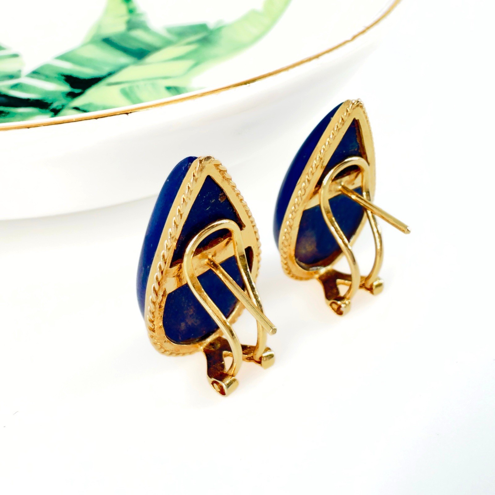 14k Yellow Gold Dark Blue Lapis Lazuli Omega Back Earrings, Preowned - Picture 11 of 13