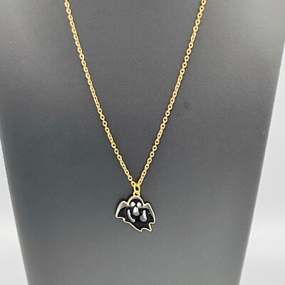 Ghost Necklace Black Charm Pendant Gold Tone Halloween Costume Jewelry Boo