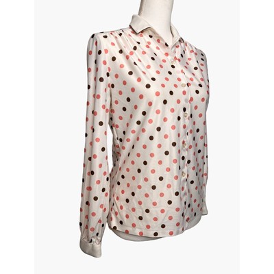 Jorén Womens 10 Brown Pink Polka Dot Button Front Top Collar Cuffs Blouse 70s
