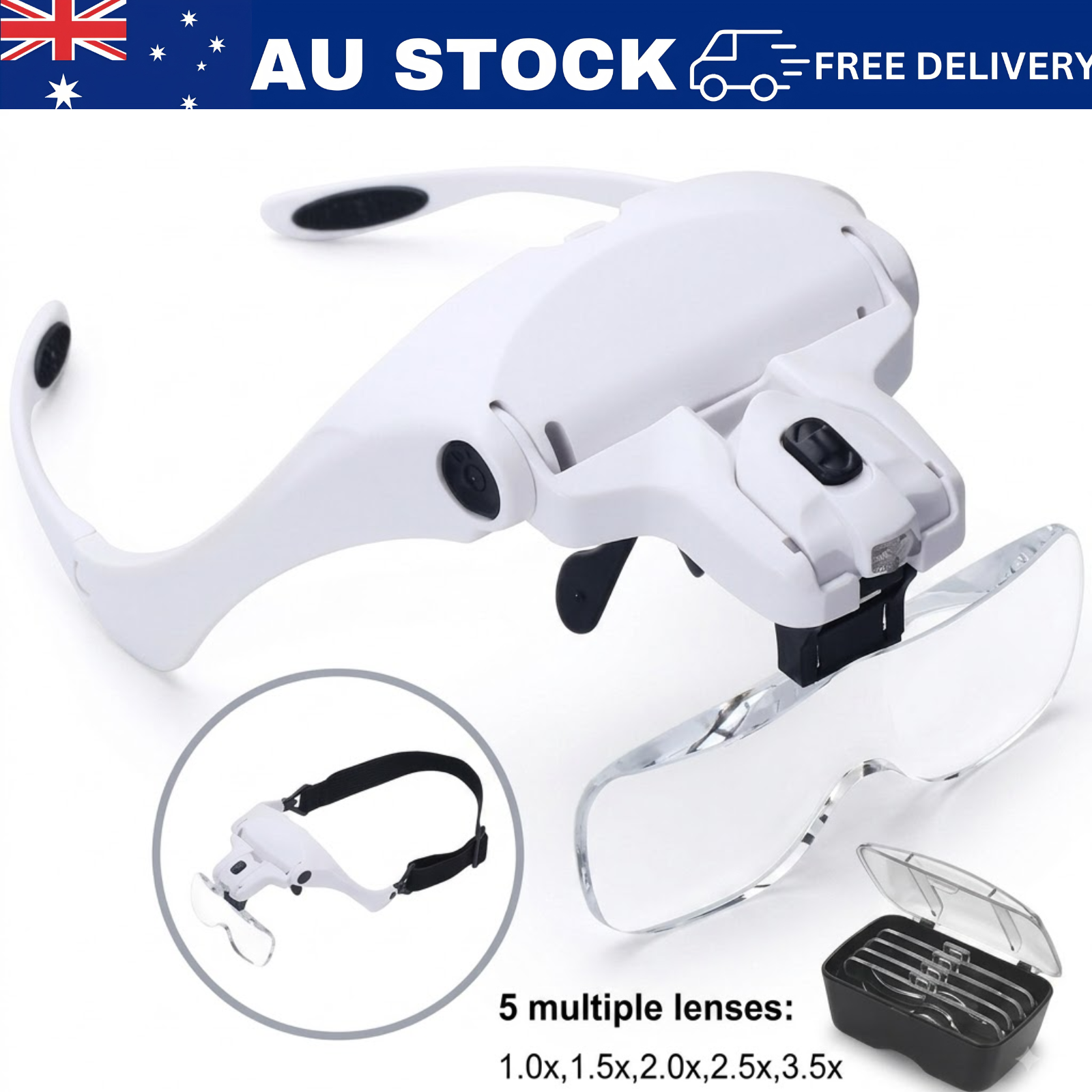 5 Lens Magnifying Glasses with LED Light Head Magnifier USB Chargable