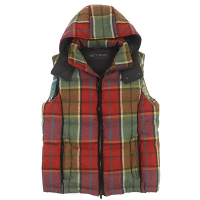 ETRO Men's Hooded Wool Check Plaid Paisley Lining Tweed Wzip Down Vest S Size