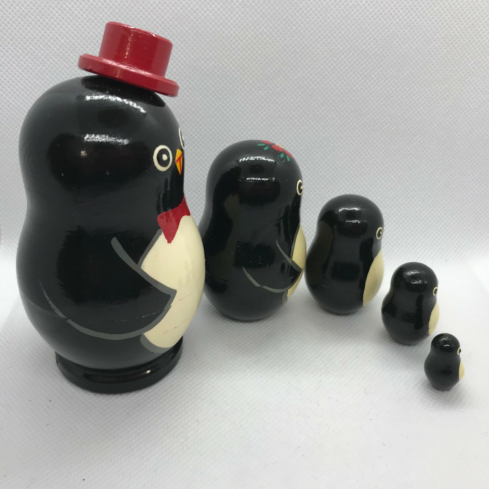 Penguin w/ Red Hat Nesting Dolls Wooden Hand Painted Micro size 5 pc Set Lot