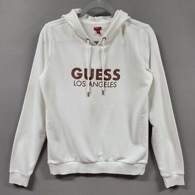 Guess Pullover Hoodie Womens Medium White Spellout Glittered Rose Gold Logo
