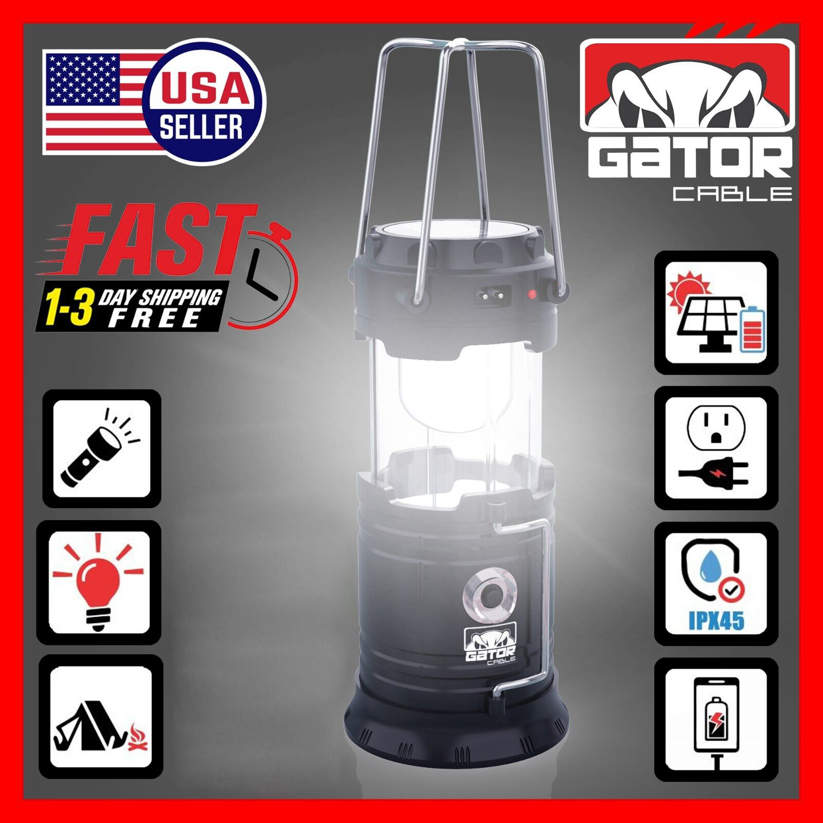 USB Solar Portable Rechargeable LED Camping Lantern Flashlight Lamp Power Bank