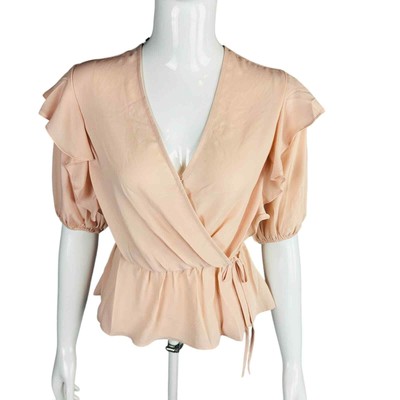 New Express Womans Sz XS Blouse Pink V Neck 3/4 Sleeve SolId Ruffle NWT