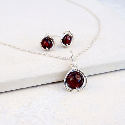 Garnet Necklace Earring Set Handmade Sterling Silver January