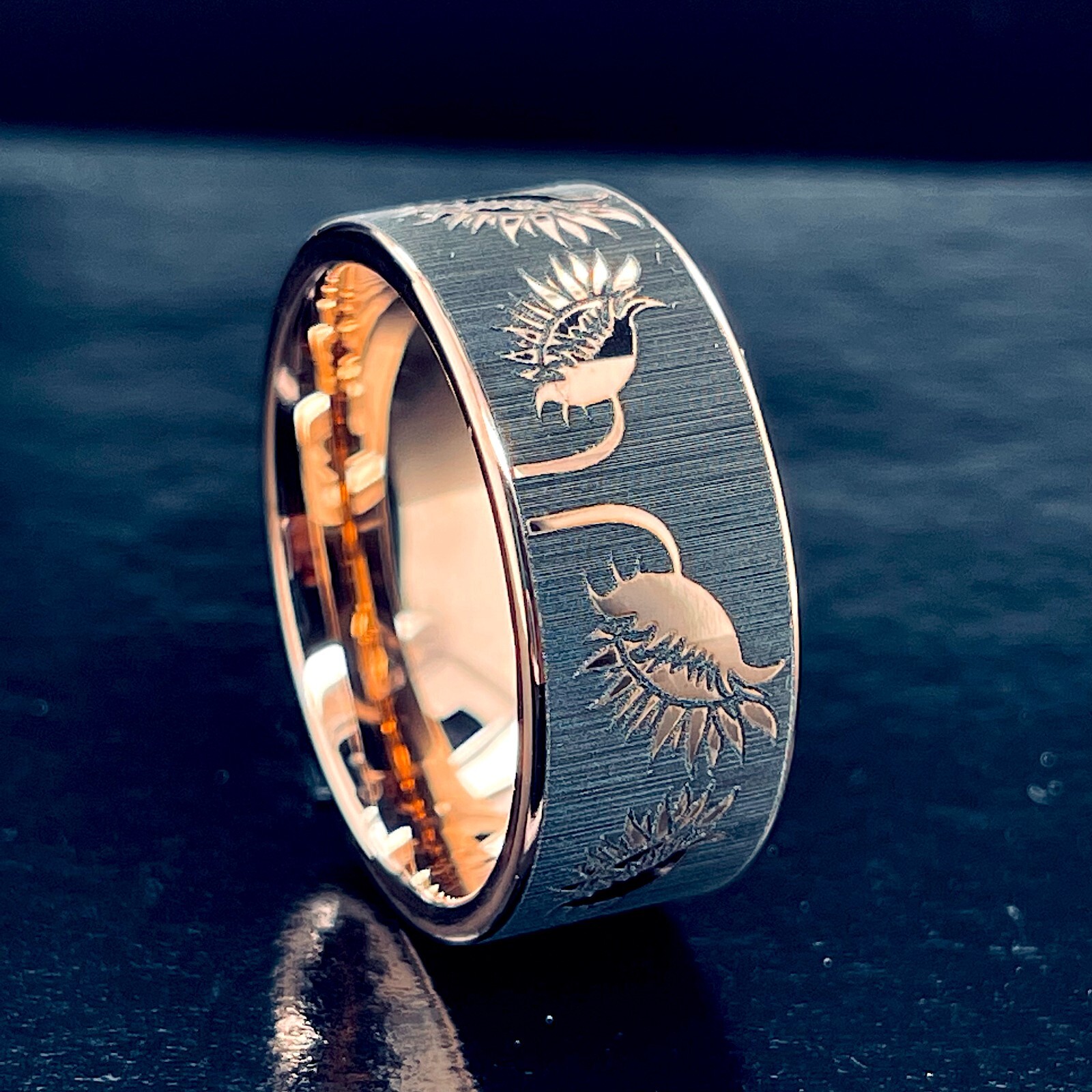 Pre-owned Rosegold Sunflowers Pattern Engrave Rose Gold Tungsten Carbide Ring, Mens And Women Ring