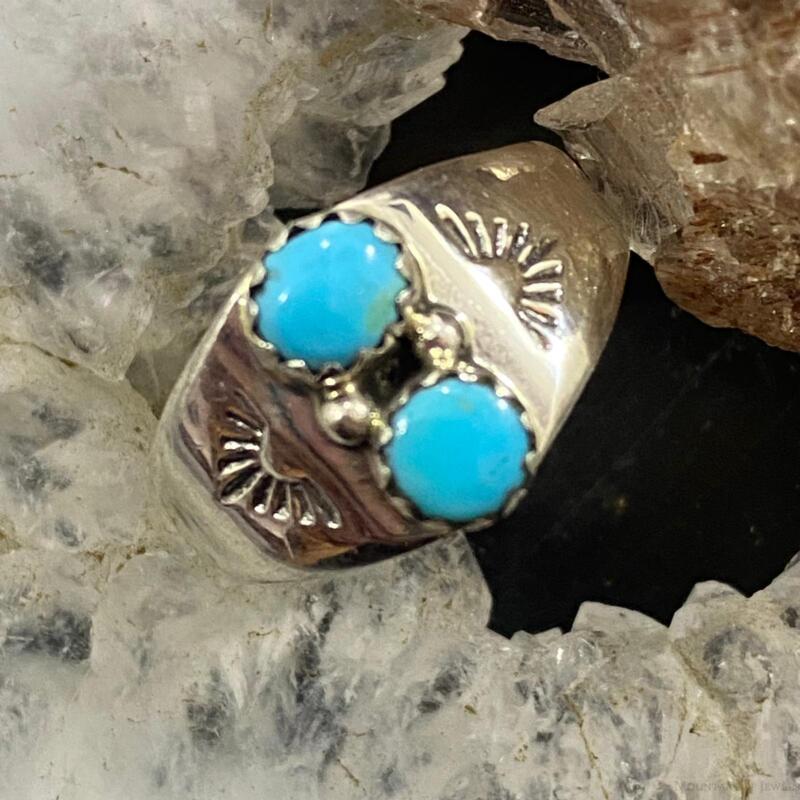Native American Sterling Double Turquoise Decorated Ring Sz 5/ 6.5 /7.5 / 8