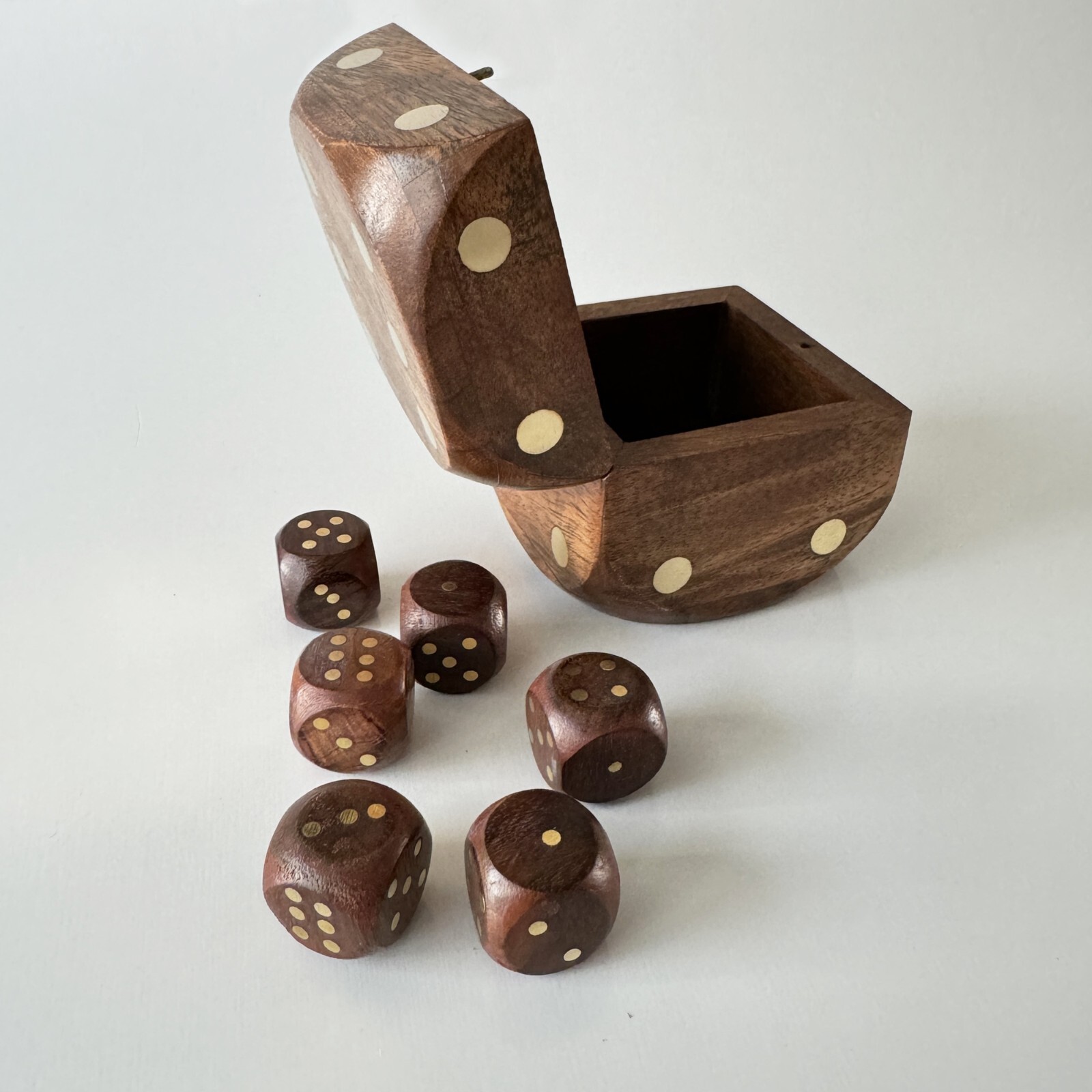 Handcrafted Wooden Dice Set with Storage Box - Solid Wood with Brass Inlay