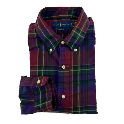 Ralph Lauren Maroon Green & Brown Plaid Long Sleeve Cotton Button Down Size XL