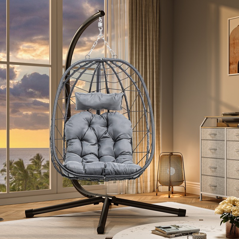 Hanging Wicker Egg Chair w/Stand Hammock Swing Chair+Cushion for Patio Garden