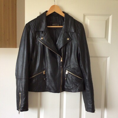 River Island black leather biker jacket UK14 lined zipped pockets exc condition 