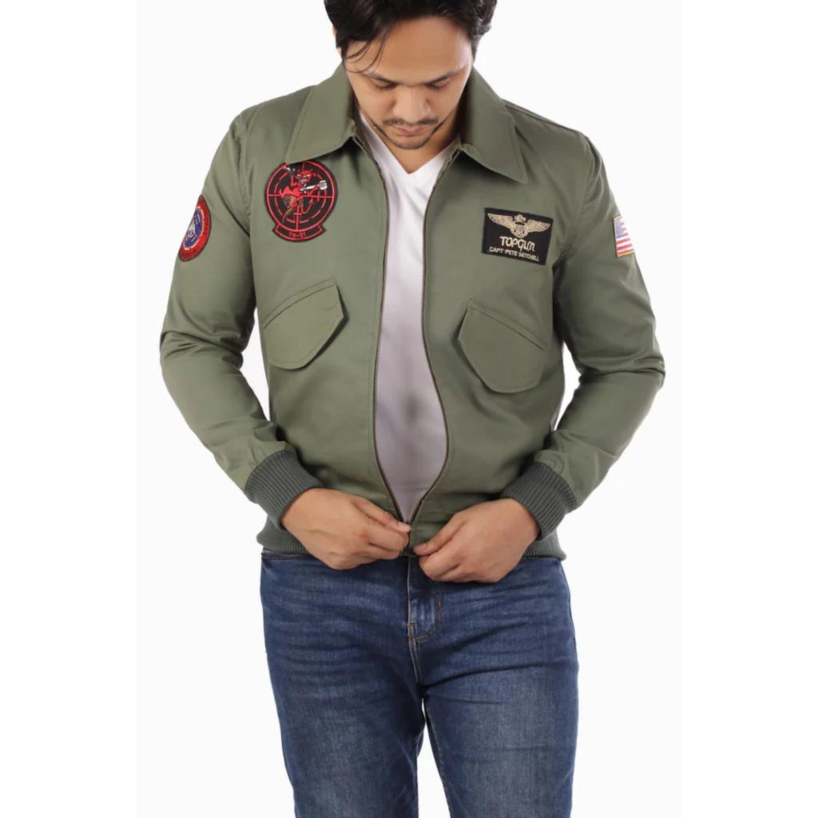 Pre-owned Top Gun Men's  Jacket Aviator Pilot Green Jacket Cotton Embroidered Patches