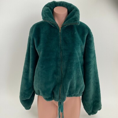 Victoria's Secret PINK Know One Cares Faux Fur Crop Full Zip Jacket Green XS NWT