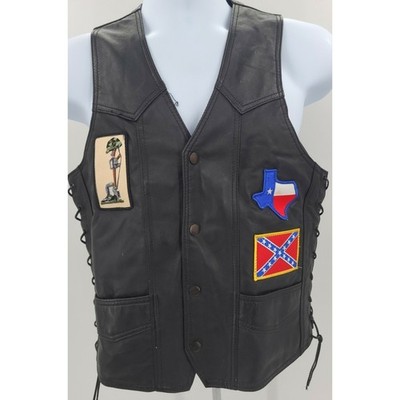 USA Bikers Dream Apparel Black Leather Vest with Harley/Various Patches Size 36
