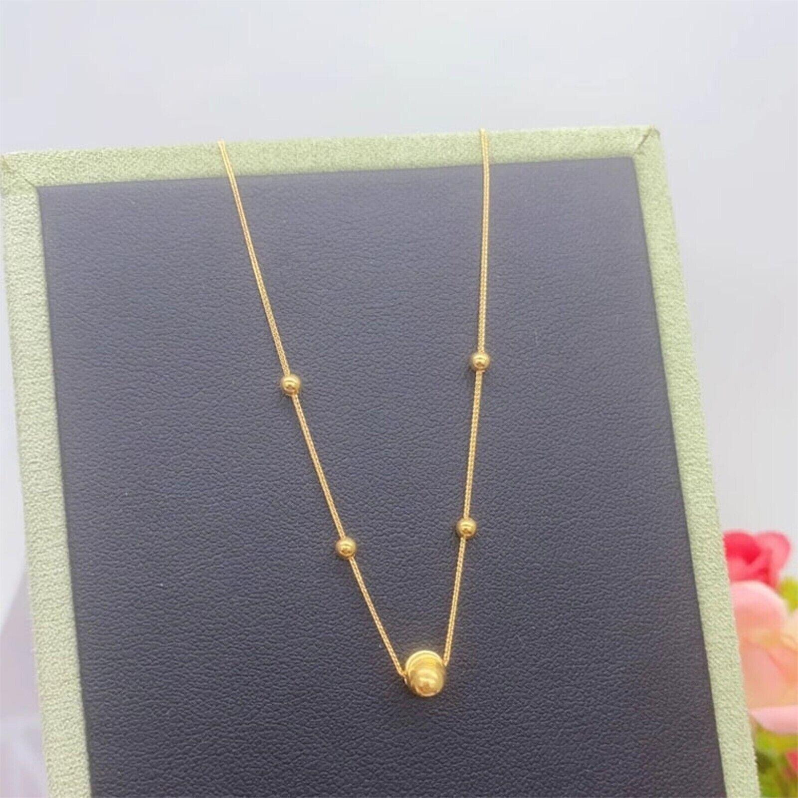 Pure 18K Yellow Gold Chain Women Lucky Round Beads Wheat