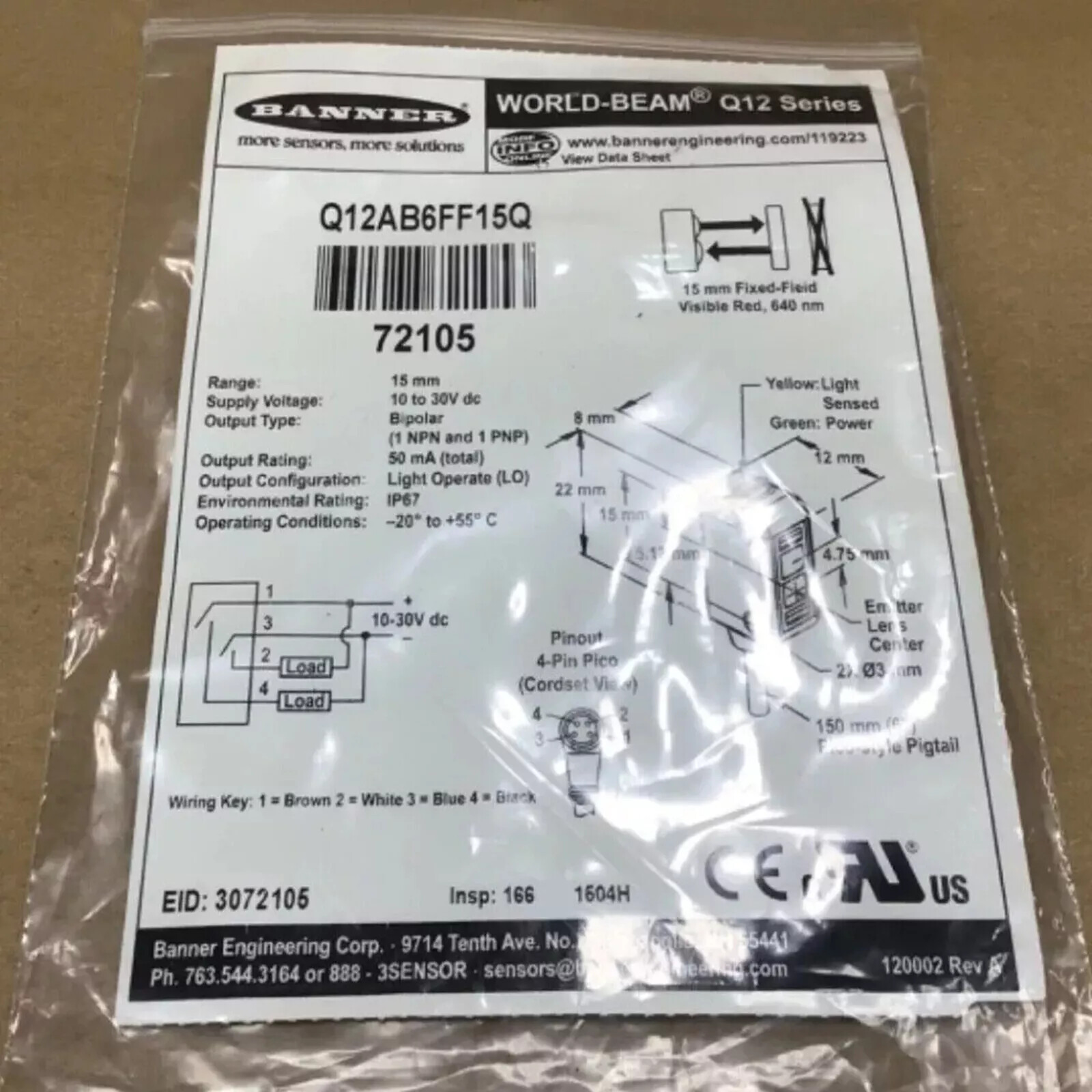 New For BANNER Q12AB6FF15Q Photoelectric Sensor