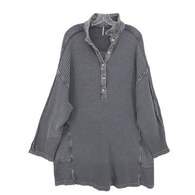 FREE PEOPLE Wilder Polo Shirt Dress Waffle Knit Gray Oversized Tunic Top Size XL