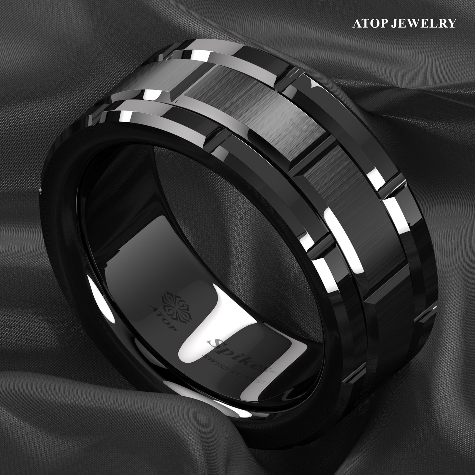 8mm Black Tungsten Carbide Ring Bushed Brick Pattern ATOP Men Wedding Band