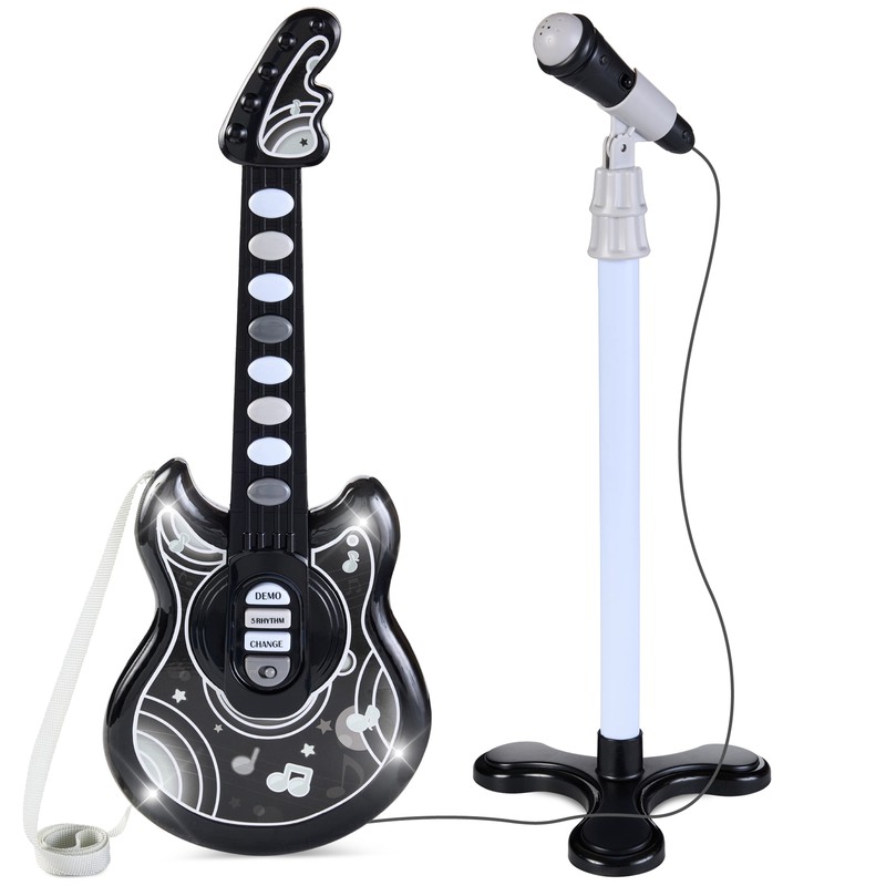 19-Inch Kids Flash Guitar with Microphone and Stand - Pink Musical Toy